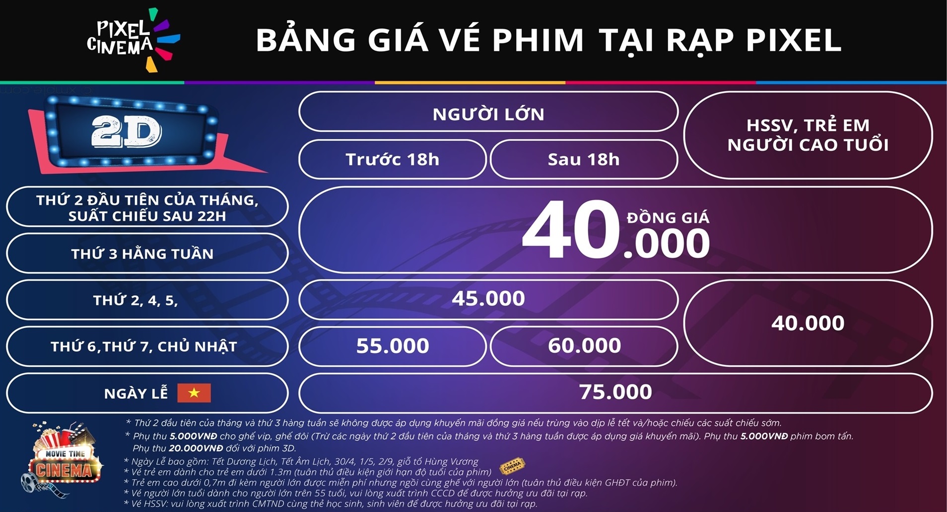Bảng giá vé rạp phim Pixel Thái Nguyên